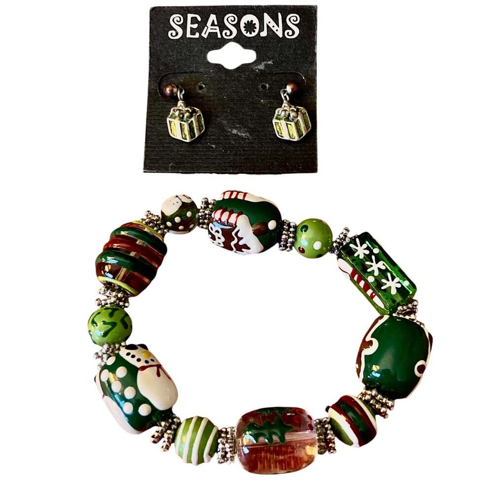 Seasons Christmas Present Earrings & Lampwork Art Glass Beaded Bracelet Set